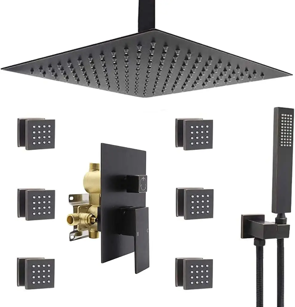 Oil-rubbed bronze shower head system, 16-inch ceiling mounted rainfall shower head with 6 body sprays.