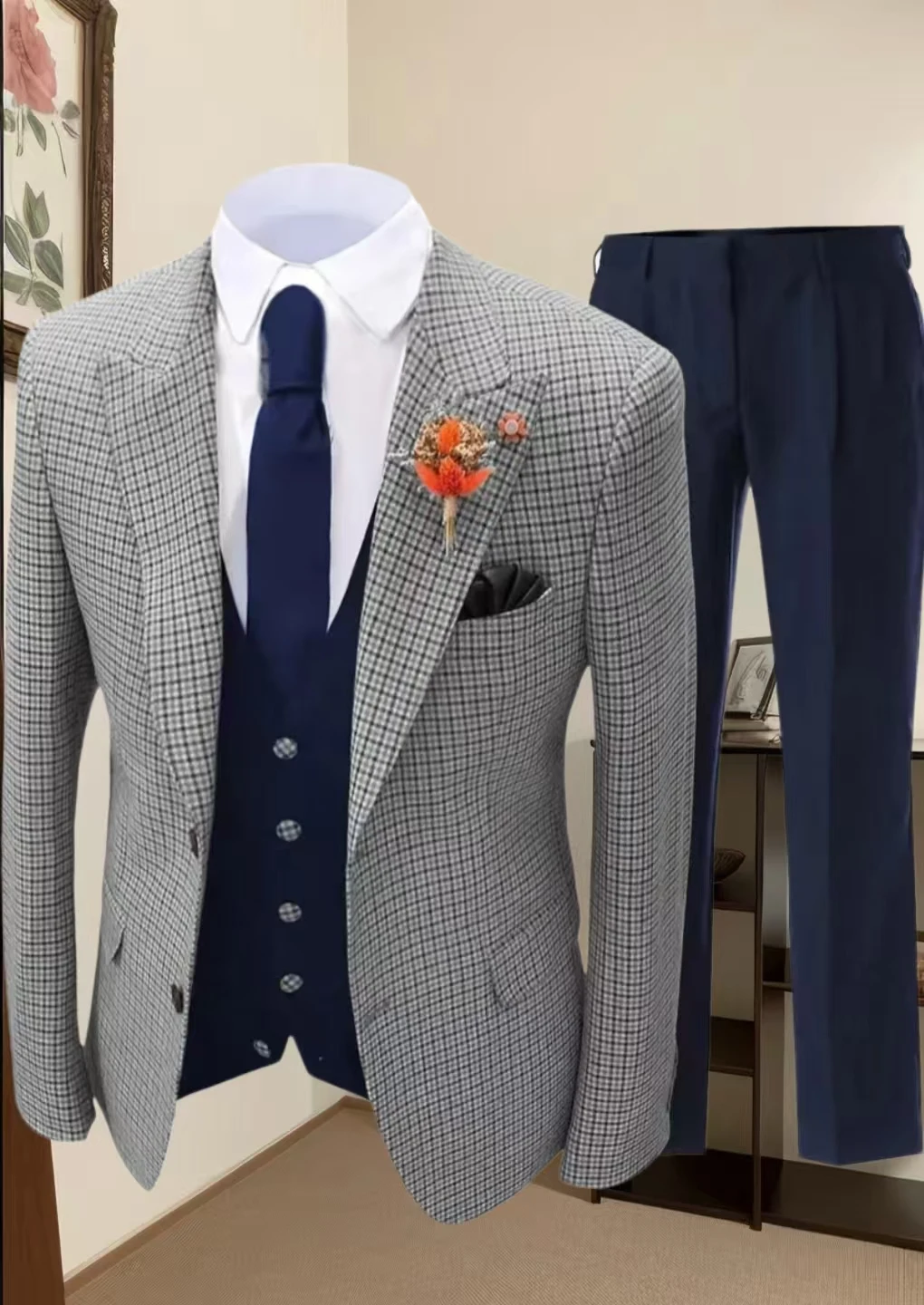 

Men's Suits Regular Fit Plaid Wool Tweed Prom Tuxedos Notch Lapel Men's Jacket for Wedding Slim Fit Stage