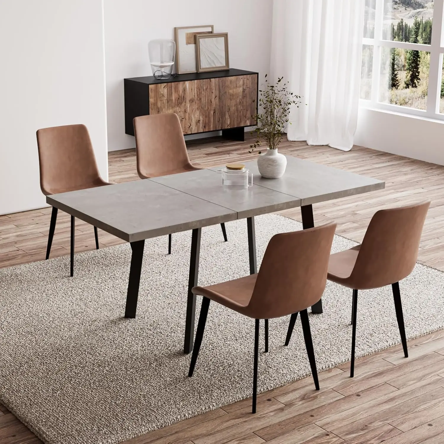 5 Piece Dining Table Set, 46 Inch Modern Kitchen Table with 6 Dining Chairs for 4, Expandable MDF Dining Table with Steel Legs f