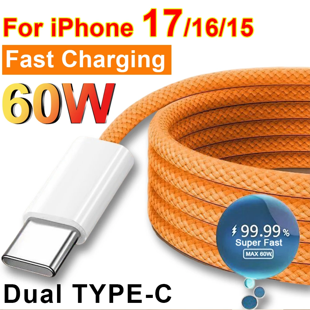 60W USB C To Type-C Fast Charging Cable Data Line for iPhone 17 Pro Max Air Dual Type C Cable Wire Cord for IPhone 15 16 Samsung