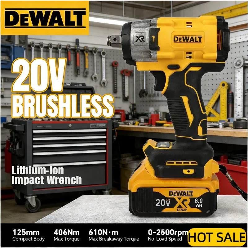 

Бесщеточный ударный гайковерт DEWALT, крутящий момент 406 Н·м, привод 1/2 дюйма, 0-2500 об/мин, для затяжки автомобильных болтов и строительных работ, 20 В