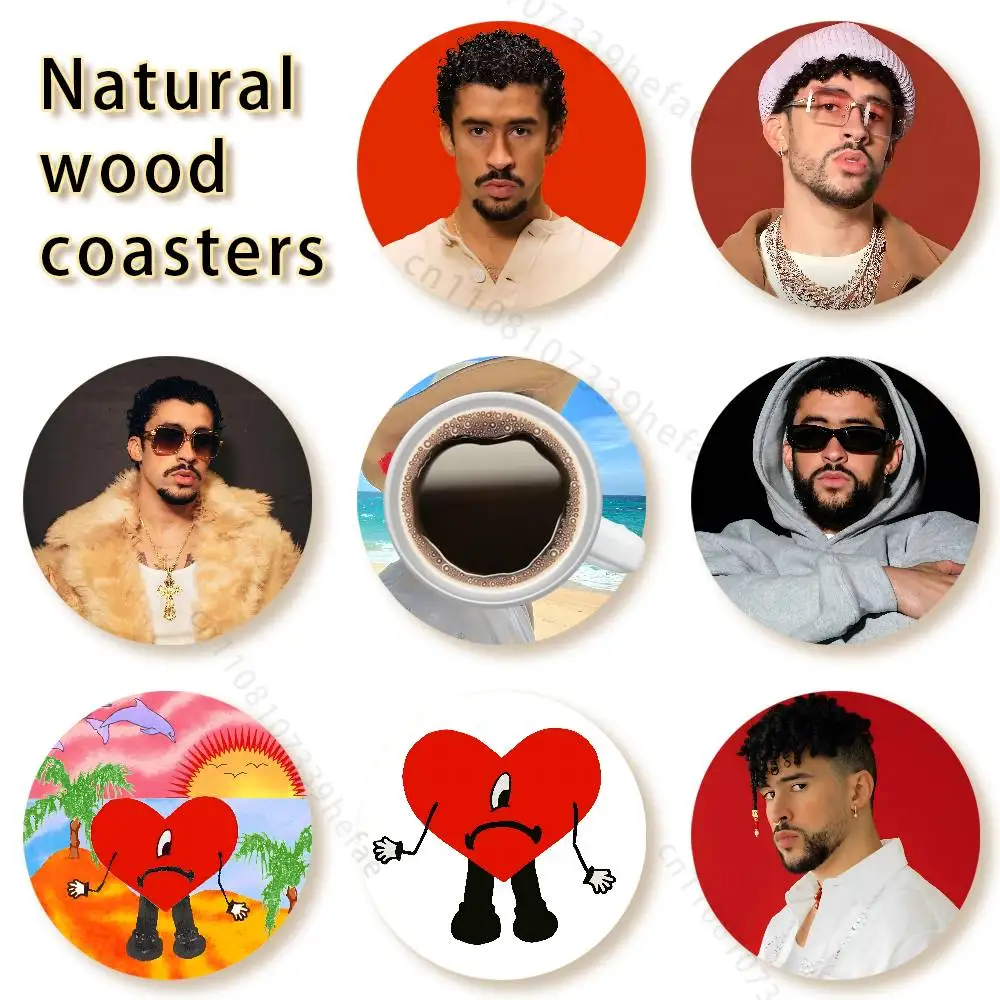 

B-Bad B-Bunny singer wooden anti-slip coasters, suitable for home office and living room decoration