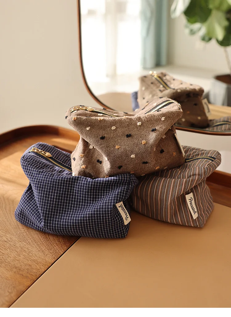 Kosmetiktasche aus kariertem Stoff mit Streifenmuster, quadratische, dreidimensionale Aufbewahrungstasche mit Reißverschluss, tragbare Reisetasche, Handtaschenfutter, Make-up-Tasche – Detail 2