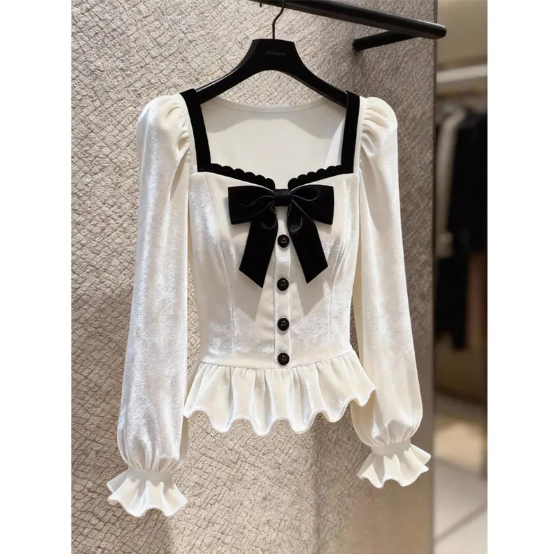 

Elegant White Velvet Shirt Women's Fashionable Loose Fit Long Sleeve Premium Quality Small Luxury Style Chinese Production