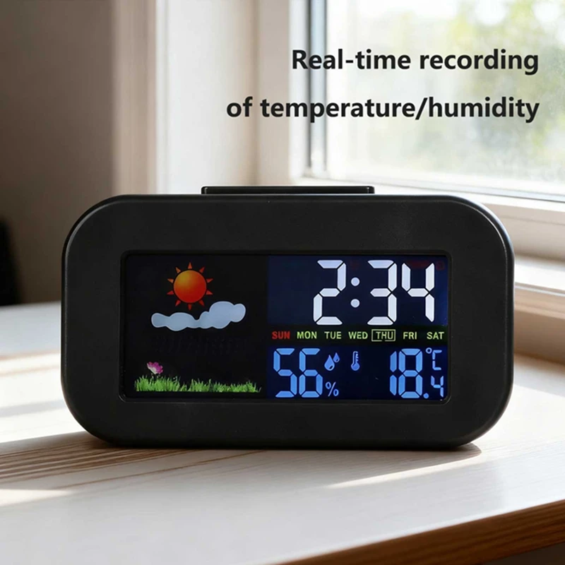 Weather Clock with Color Display Temperature Humidity Monitor LED Backlight Date Alarm for Bedroom Home Office Environment