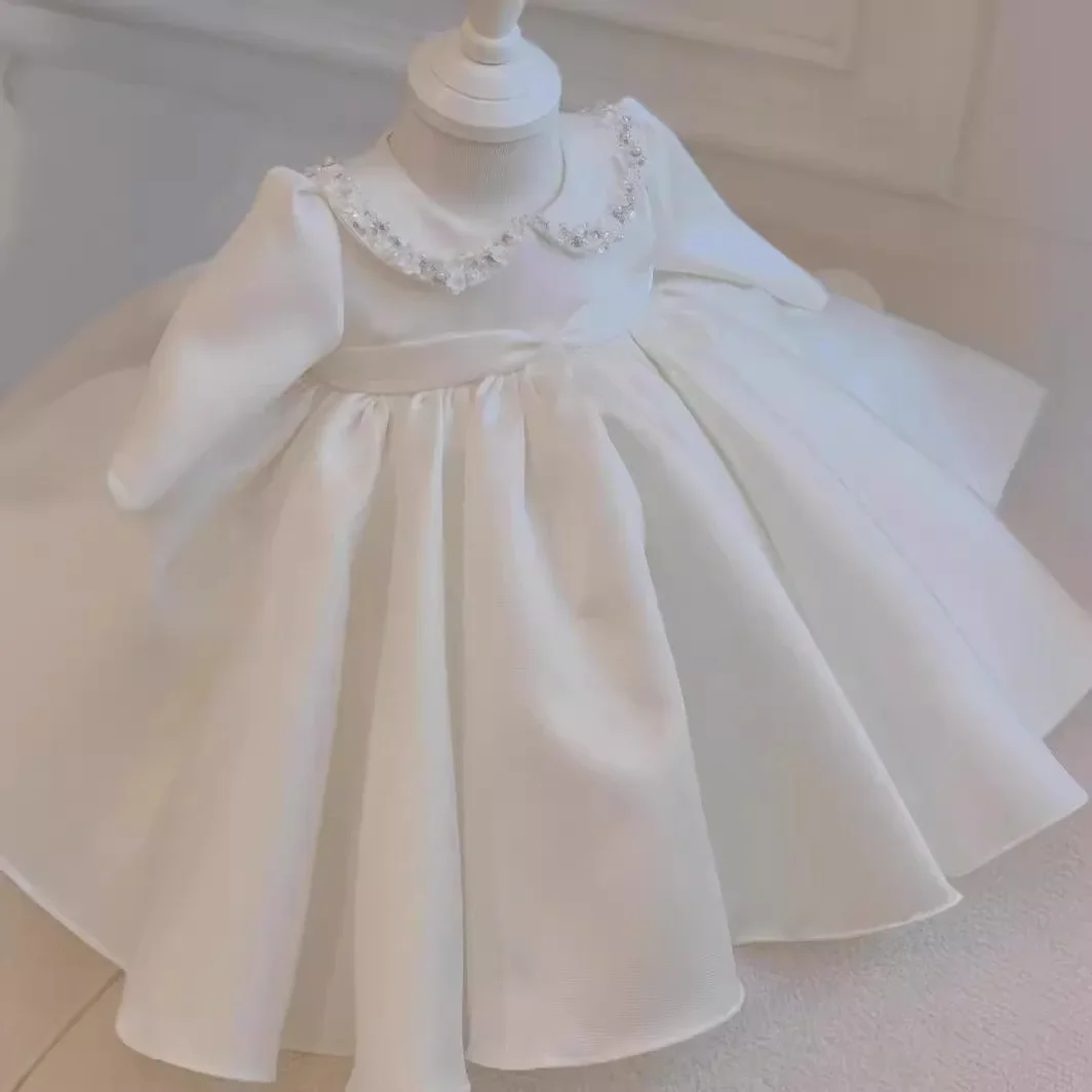 Cute Toddler Flower Girl Dresses White Satin Pearls Bow Wedding Birthday Ball Gown Tulle Ruffles Beaded Princess Party Clothes