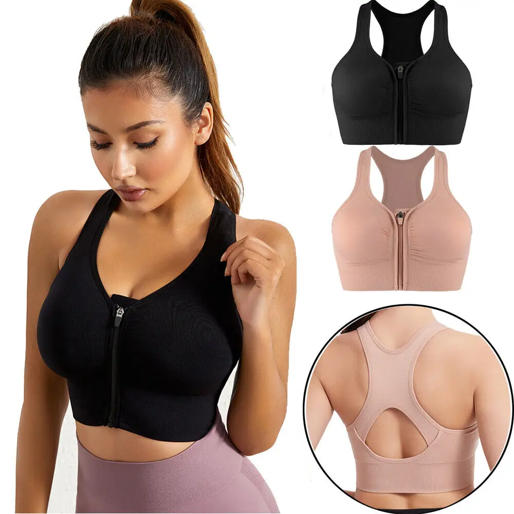 Women Zip Front Sports Bras Push Up Yoga Underwear Vest Wireless Post-Surgery Bra Active Yoga Gym Workout Tank Top Plus Size