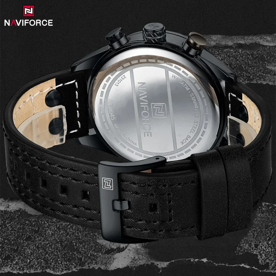 NAVIFORCE 2024 Men Watch Waterproof Genuine Leather Strap Military Sport 1/10 Second Chronograph Date Quartz Wristwatch