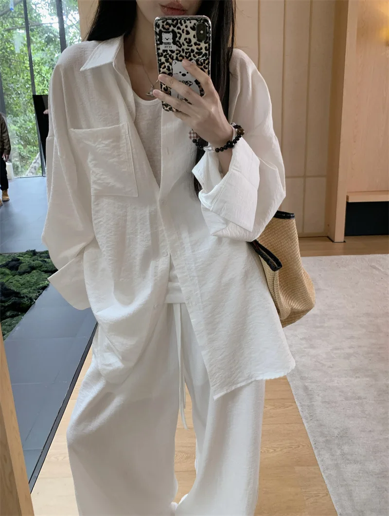 

SuperAen простые белые свободные тонкие рубашки с длинными рукавами для женщин, новые льняные повседневные широкие брюки, комплект из двух предметов