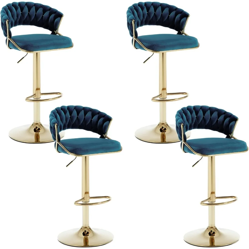 

Modern Swivel Bar Stools Set of 4, Velvet Adjustable Barstools Counter Height Bar Chairs with Woven Backrest Metal Base for Kitc