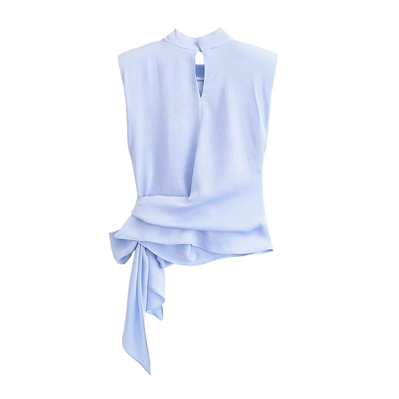 YENKYE Fashion New Women Light Blue Sleeveless Blouse High Neck Wrap Side Bow Tie Elegant Satin Summer Tops view 2
