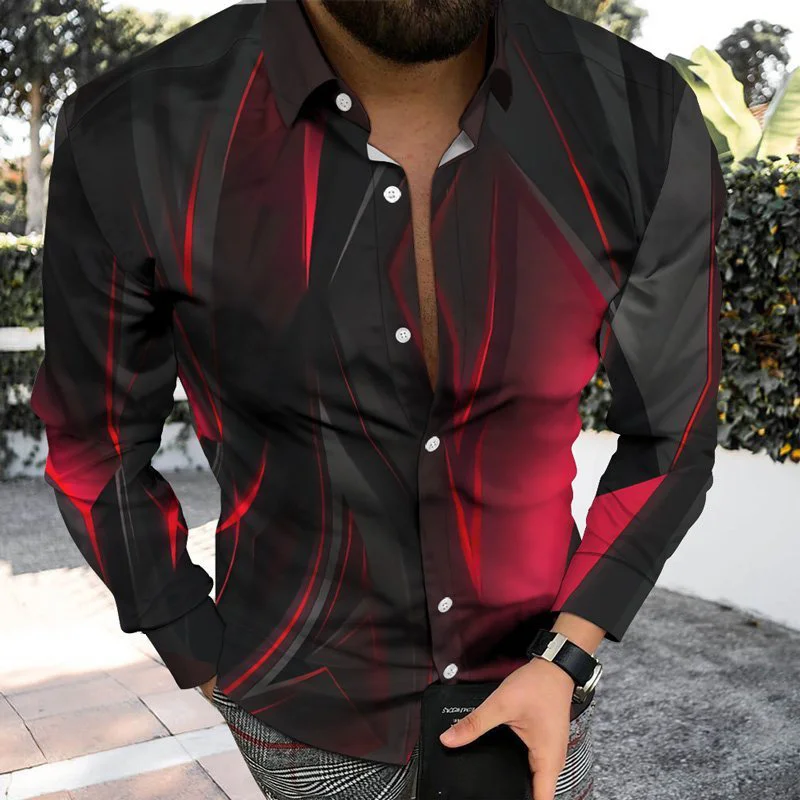 3D Fashion Men\'s Shirt Lapel Button Shirt Casual Red Poker Print Long Sleeve Men\'s Clothing Street Cardigan