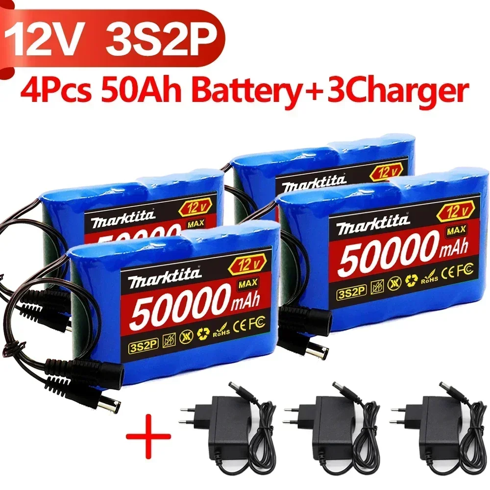 

2024 Portable Rechargeable Li-Ion Battery,3S2P 12V 50000mAh For LED Lamp Light Backup Powe CCTV+ 12.6V Charger