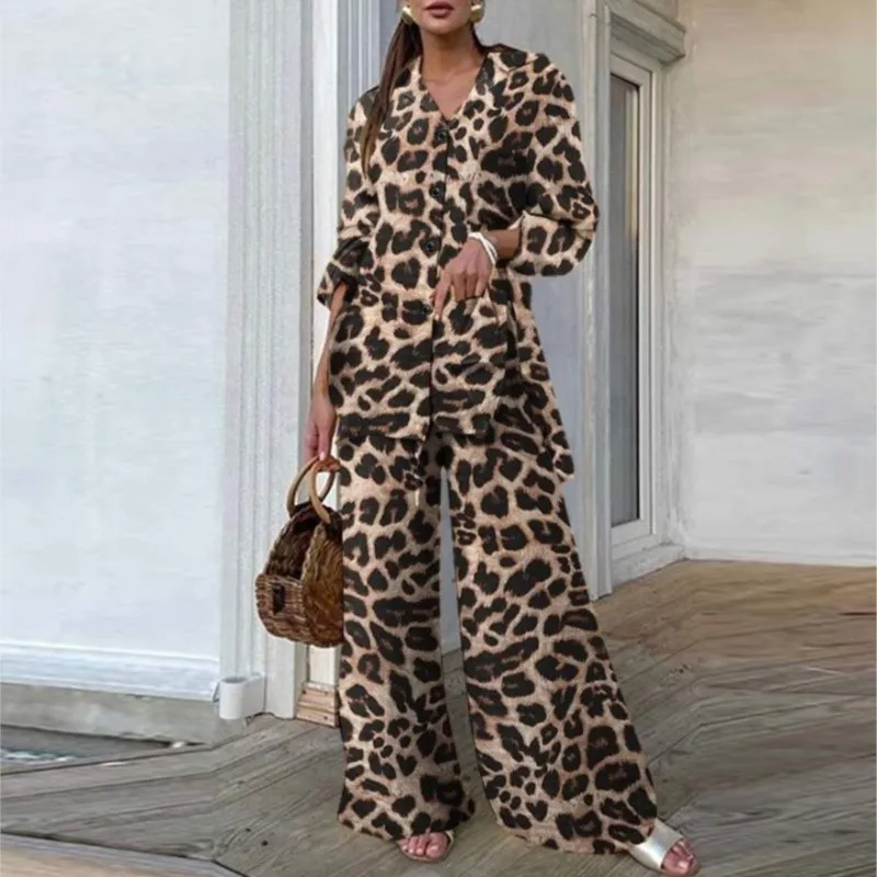 Fato retrô de calças de duas peças para mulheres, tops e calças soltas, perna larga, estampa de leopardo, moda casual, verão, 2024