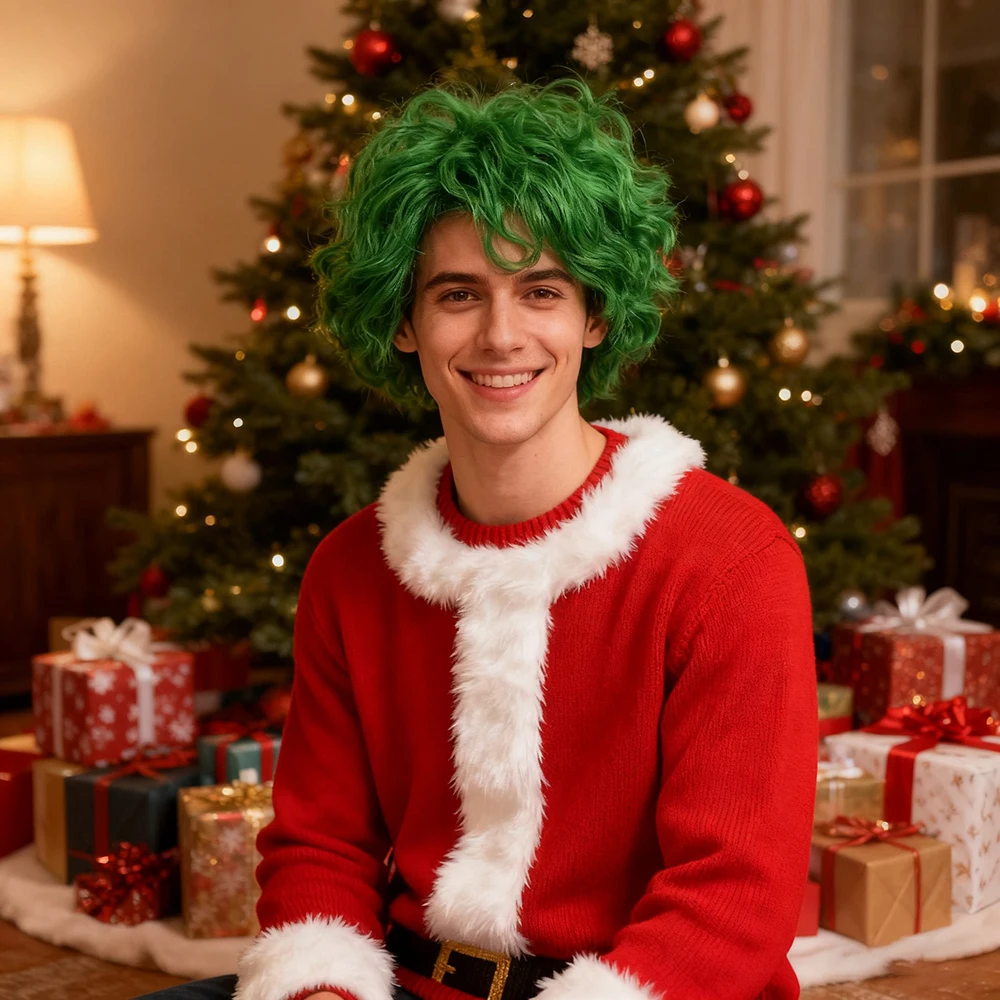 

Fluffy Curly Green Full Head Cover Clown Cosplay Wig Festival Party Stage Performance 8inch Button Net Unisex Whole Wig