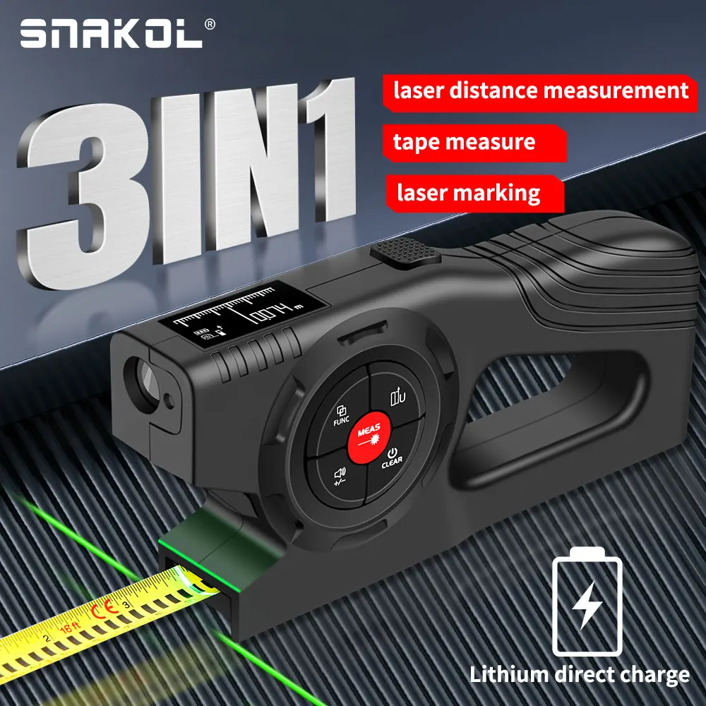 Snakol Digital Distance Meter 50M 70M 100M 120M Rangefinder Electronic Ruler Laser Tape Measure with Green Laser Line Marking