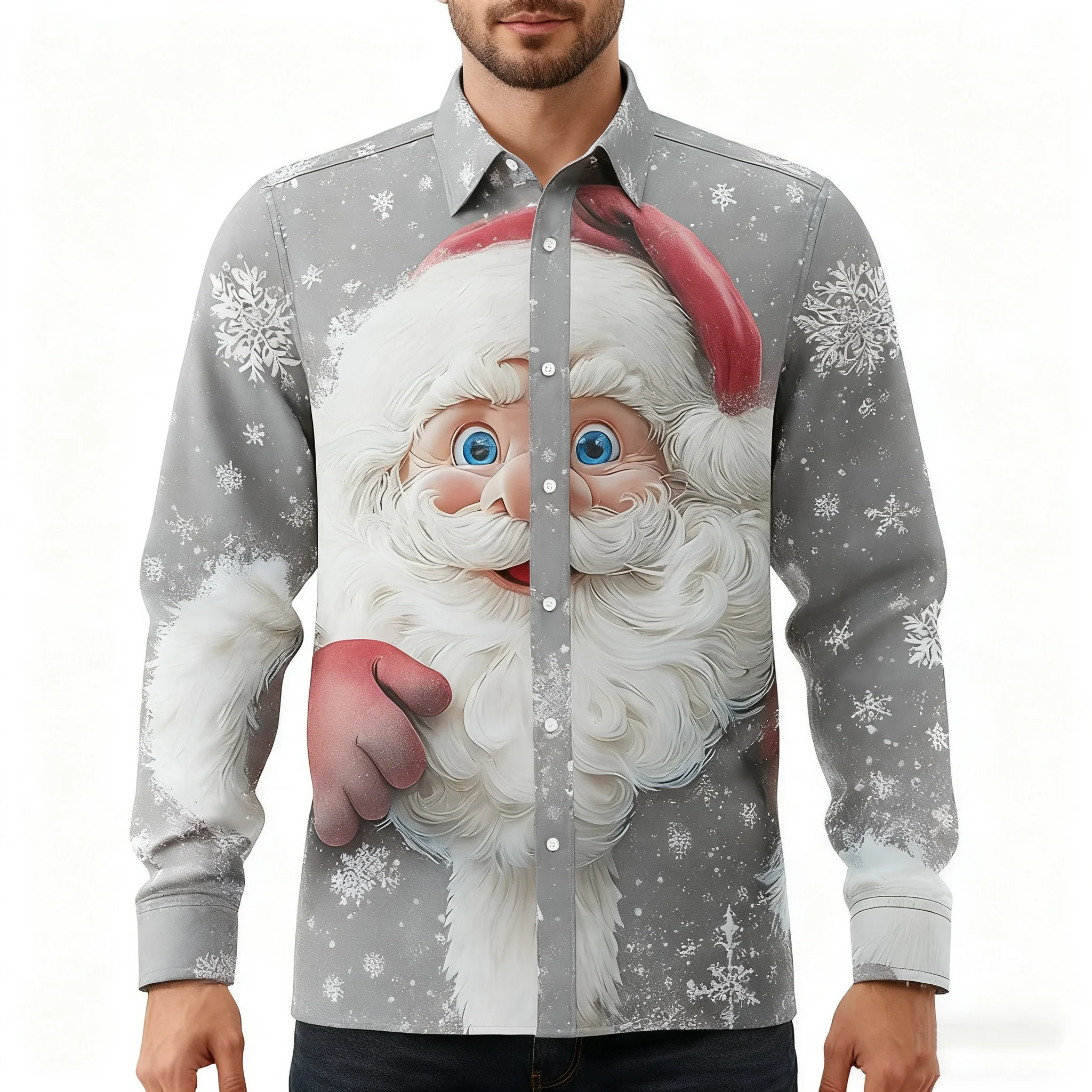 2026 Nueva camisa navideña de copo de nieve para hombre, manga larga con botones, camisa festiva con cuello de otoño/invierno