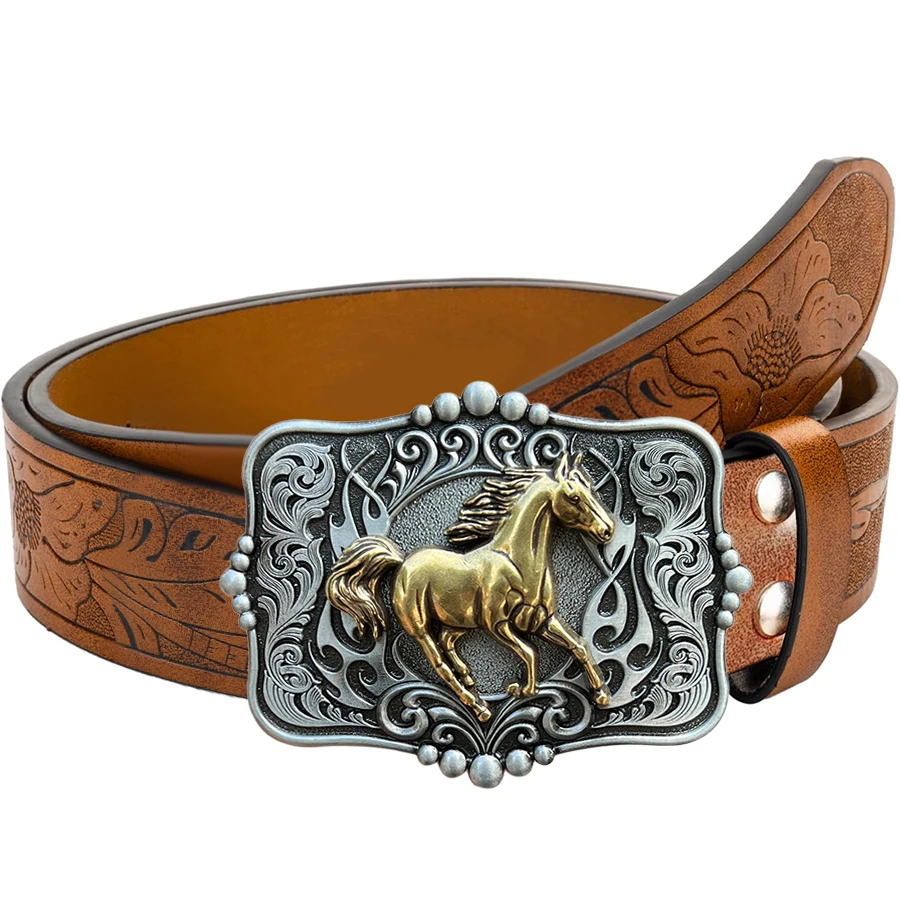 Tang Grass Pattern Galloping Horse Belt Exquisite Carved Large Plate Buckle Alloy Buckle for Both Men and Women - Irregular Patt