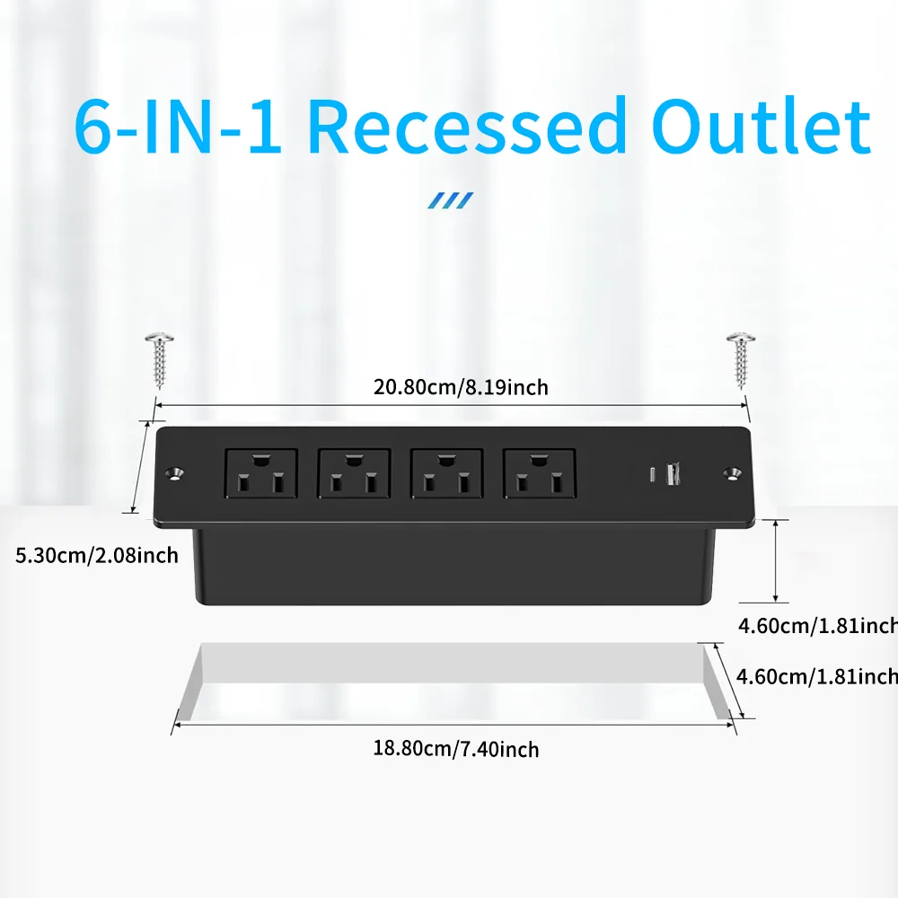 Recessed Embedded Power Strip 4AC Outlets 1 USB-A & 1 Type-C (5V 2.1A) Charging Port Built-in Socket with 1.5 meters of extension cord for Office Desk & Home Workstation