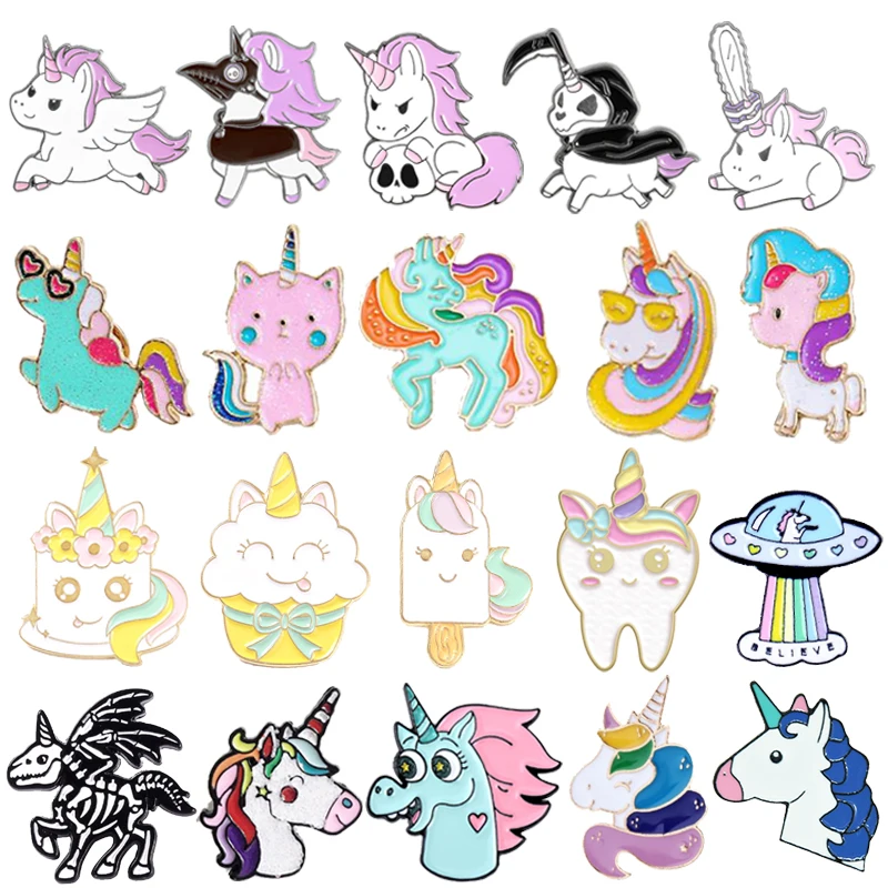 XEDZ Trend Unicorn Enamel Brooch Knight Rainbow Unicorn Ice Cream Spaceship Cute Unicorn Metal Badge Punk Lapel Pins Jewelry Gif