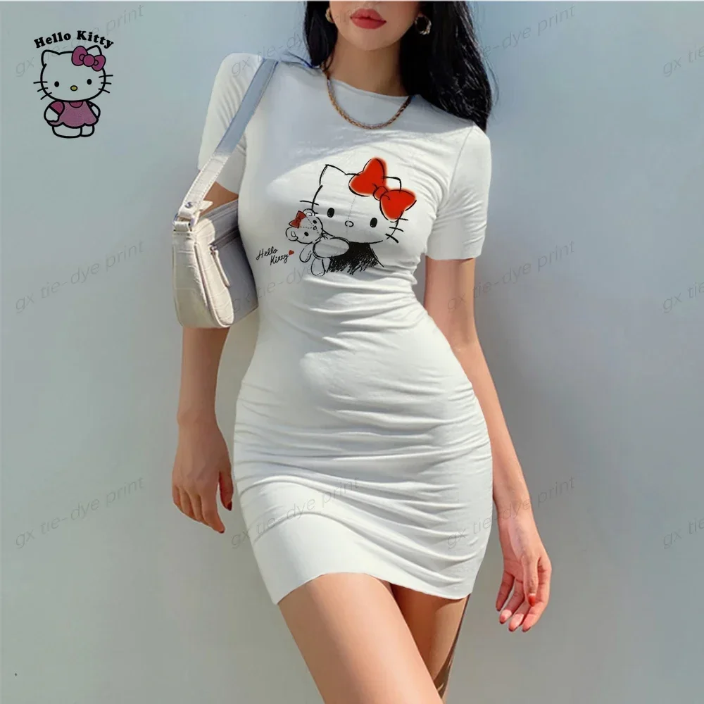 

Hello Kitty Print Woman Dresses Elegant Dress Office Tight Slim Lady O Neck Summer Casual Cartoon 3D print Mini Dress Vestidos