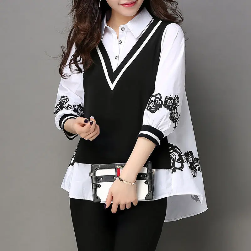 Vintage Polo Neck Fake Two Pieces Shirt Tops Spring Autumn New Thin Loose Contrast Printing Blouse Fashion Casual Women Clothing