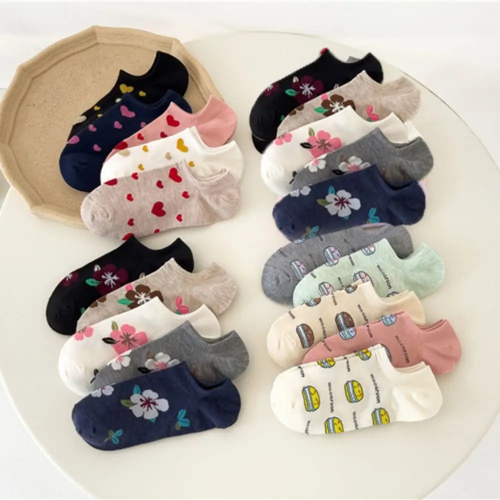 

5Pairs Soft Heart Flower Boat Ankle Socks Cotton Female Hosiery Love Short Socks Hamburger Anti-slip Women's Socks Sports