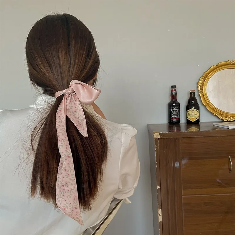 Korean Version of the Net Red Ins Small Fresh Long Ribbon Silk Scarf Hairband Temperament Silk Face Floral Bow Tied Hair Rope