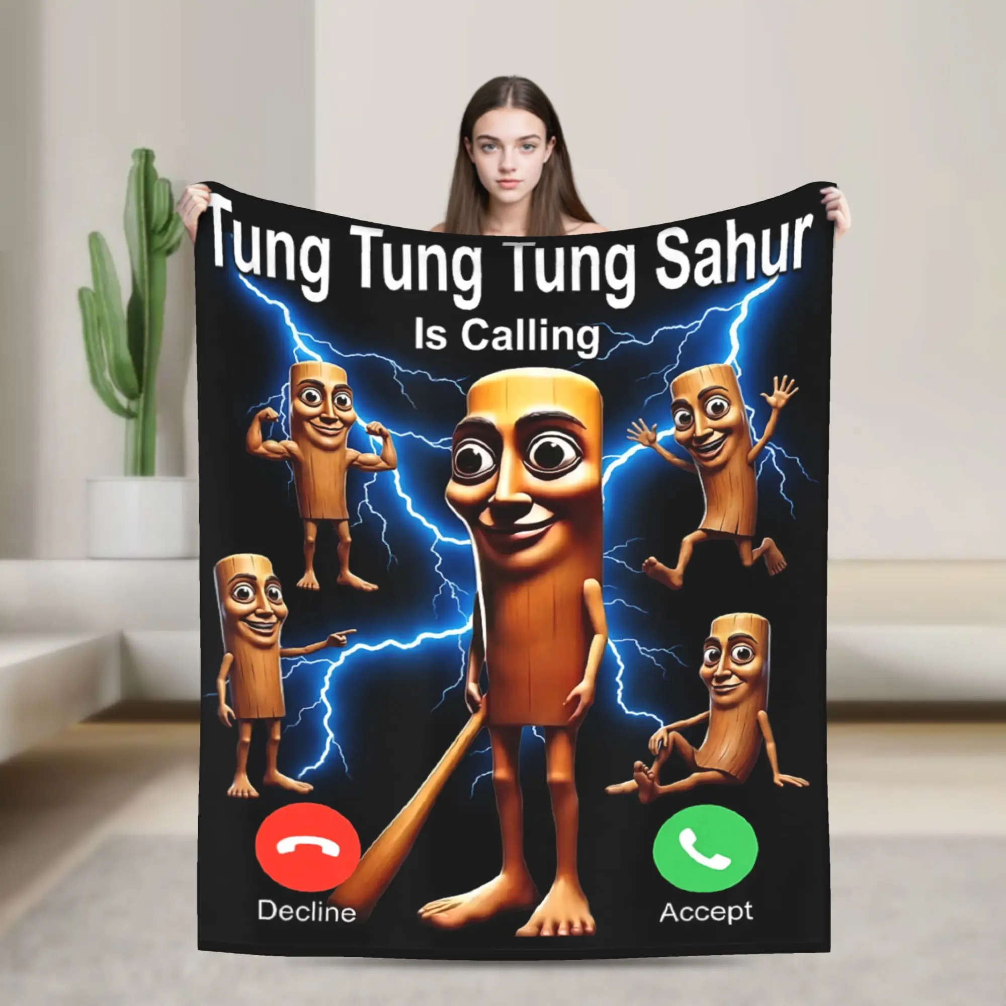 Soft Comfy Blanket Camping Tung Tung Tung Sahur is Calling Funny Brainrot Throw Blanket Trend  Bedspread For Outdoor