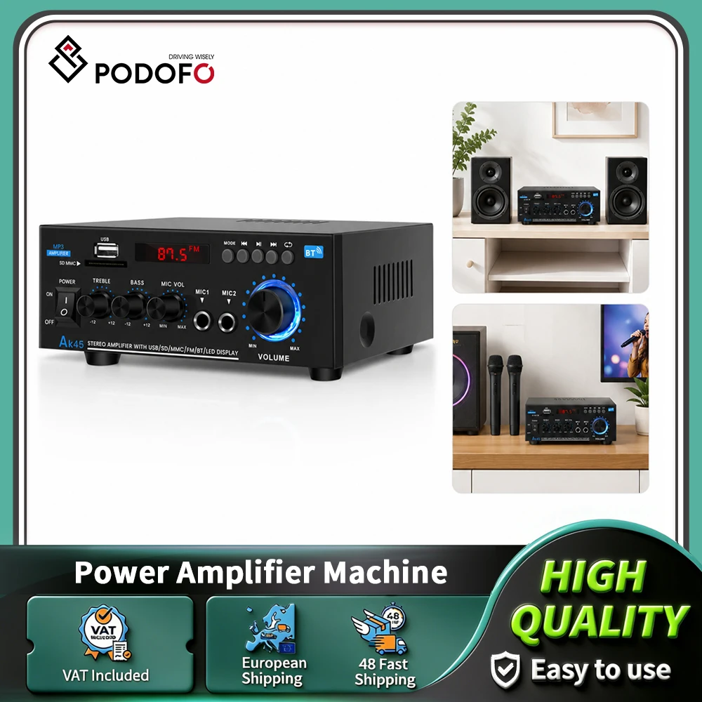 Podofo Bluetooth 5.0 Verstärker Stereo Home Audio Amp Zweikanal-Lautsprecherverstärker Digitaler Verstärker mit USB-, SD-Karten-Eingang für Zuhause, Auto, Karaoke