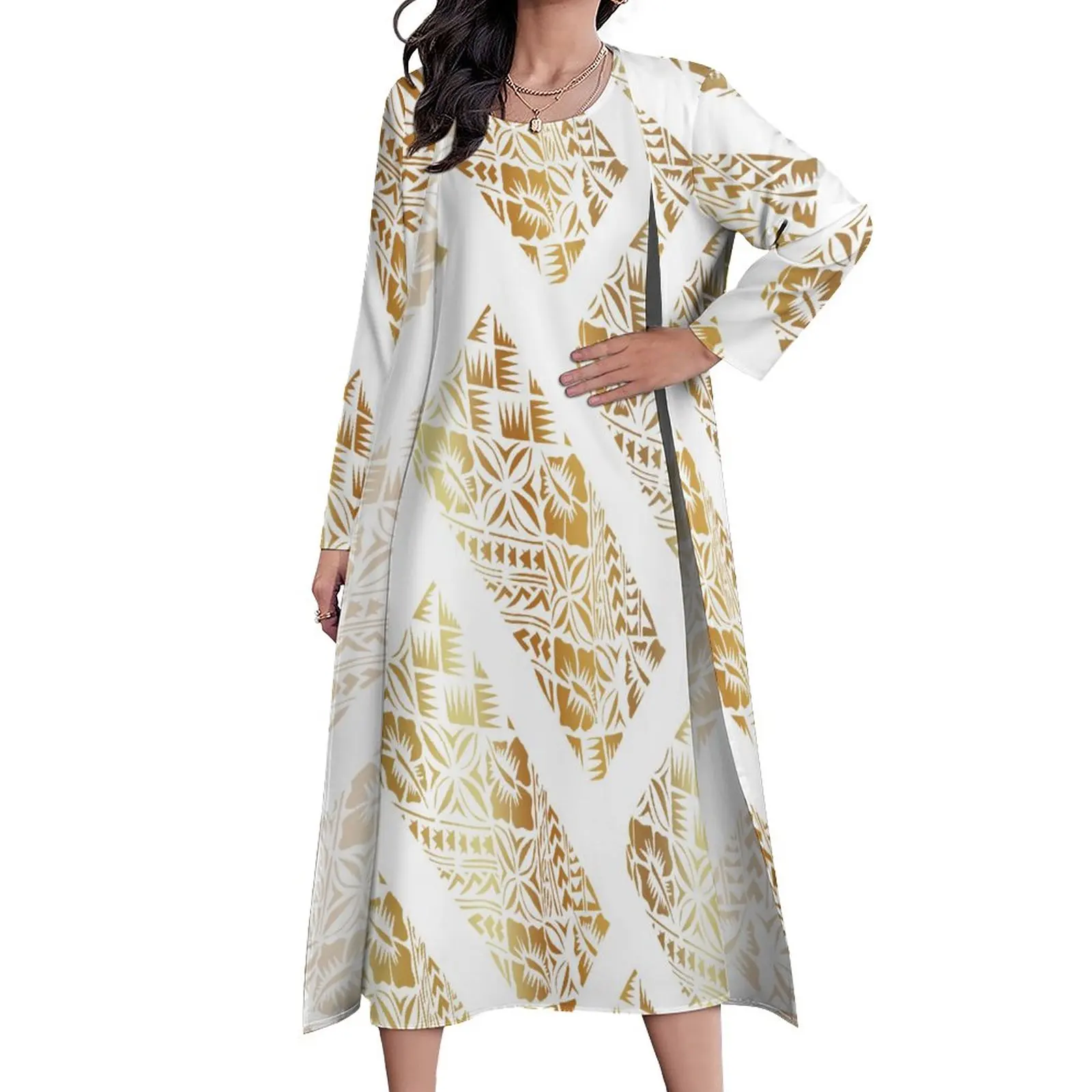 New high stretch two piece dress set women clothing custom Big people polynesian dress & Kimono cloak set women\'s cardigan suit