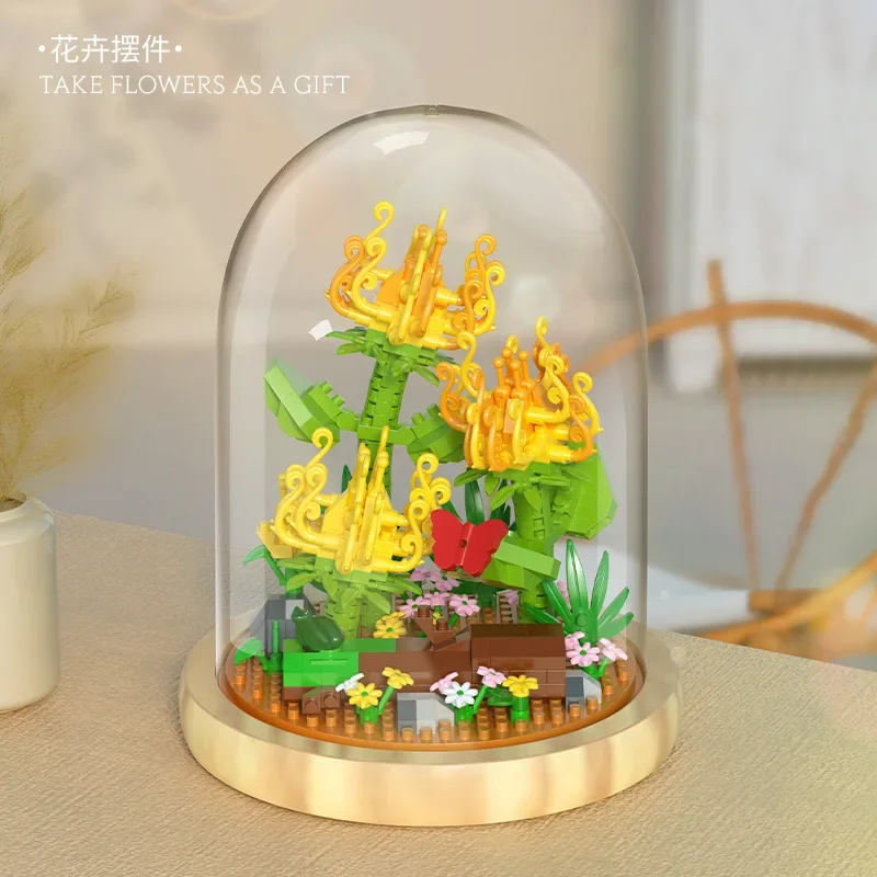 Sunflower and Rose Flower Bouquet Micro-Sized Building Blocks Toy Display Model with Stacking Blocks