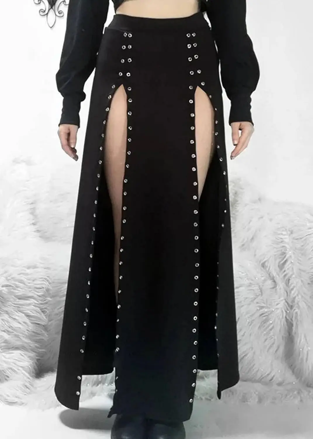 Women Elastic Waist Maxi Skirt High Slit Thigh Long Night Out Club Wrap Skirts with Double Side Split Eyelet