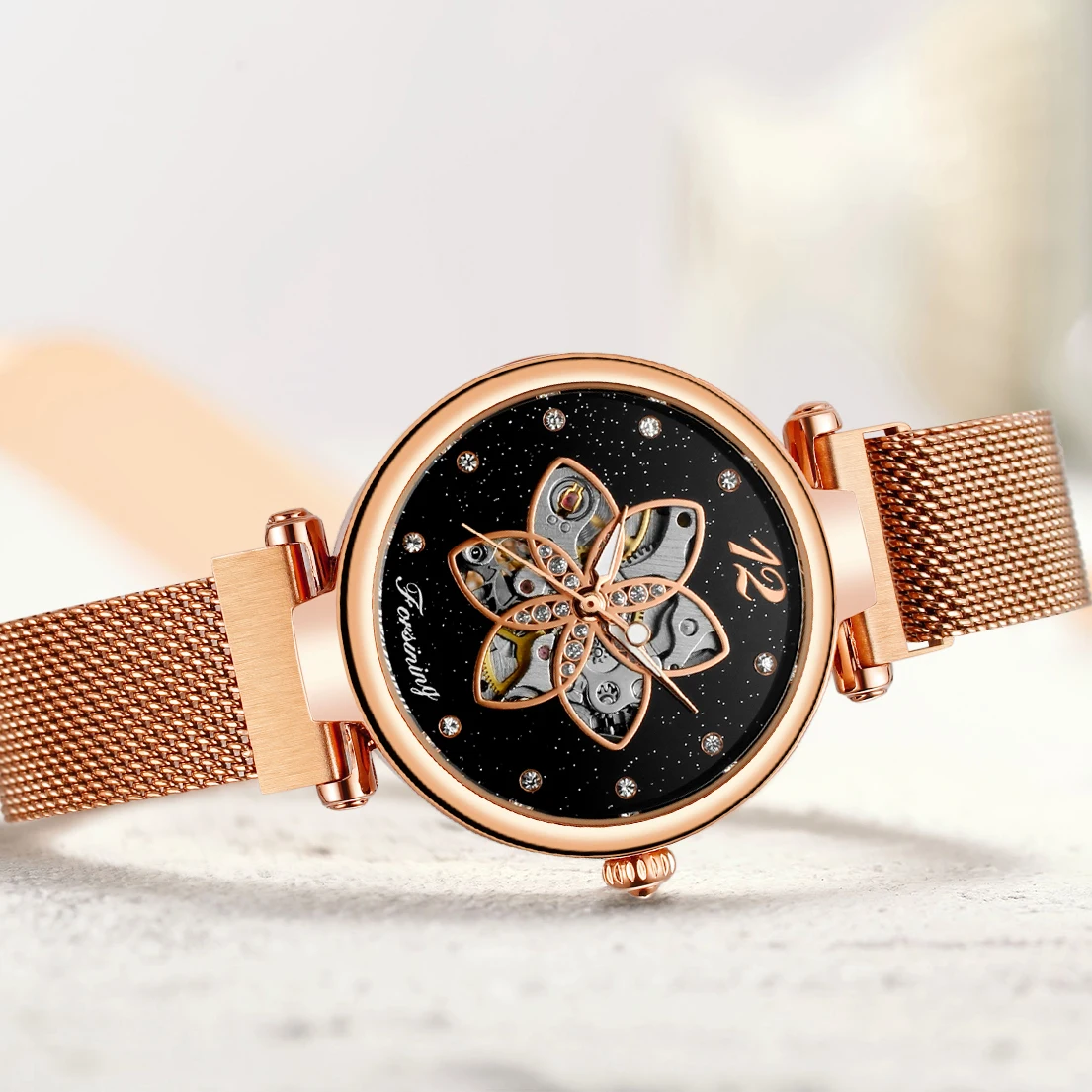 Forsining Rose Gold Case Starry Sky Dial Fashion Women\'s Mechanical Watch Skeleton Creative Ladies Self-winding Wristwatches New