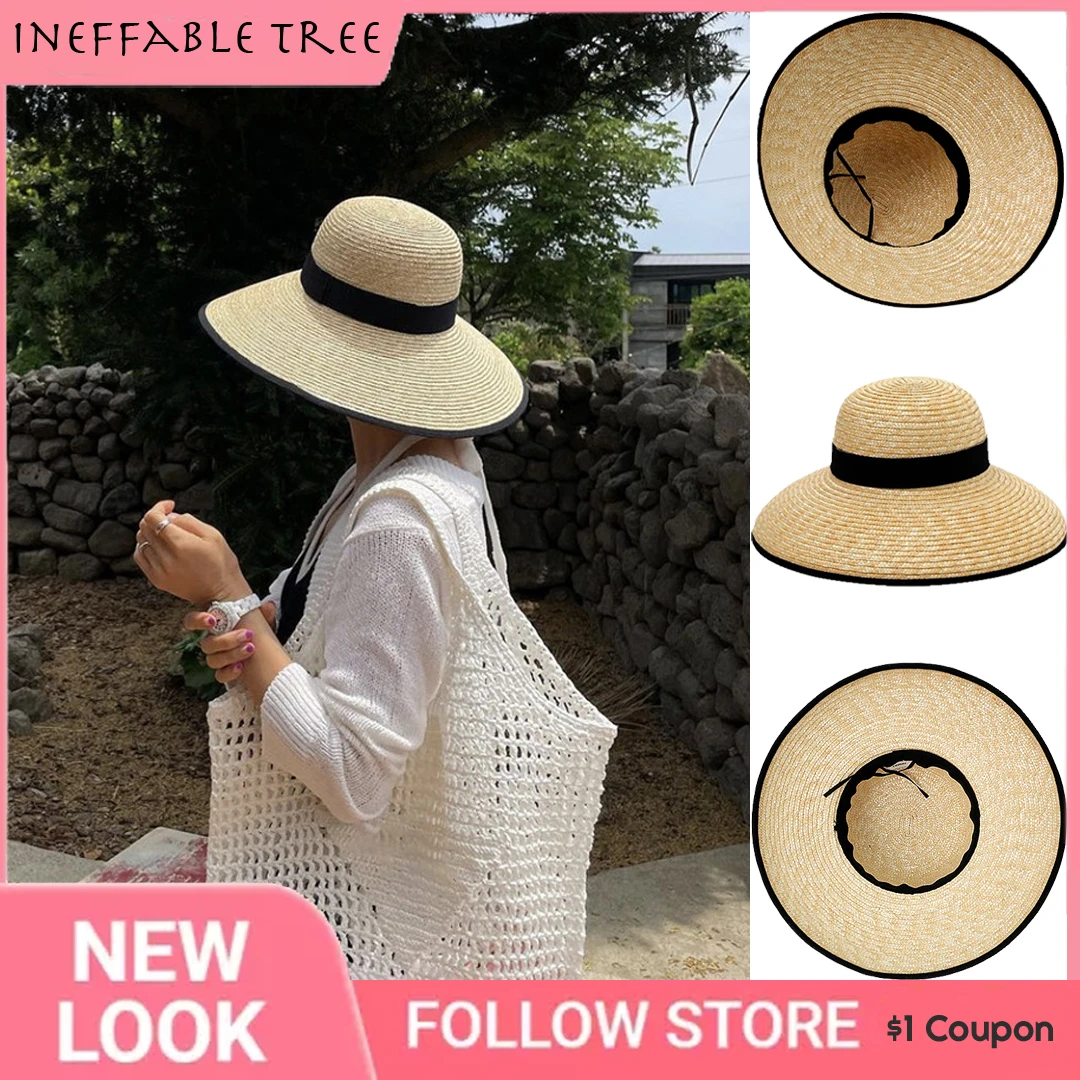 

Широкополые соломенные шляпы с черной отделкой для женщин: летние, винтажные, французские, элегантные, в стиле Хепберн, плетеные пляжные кепки-каскетки