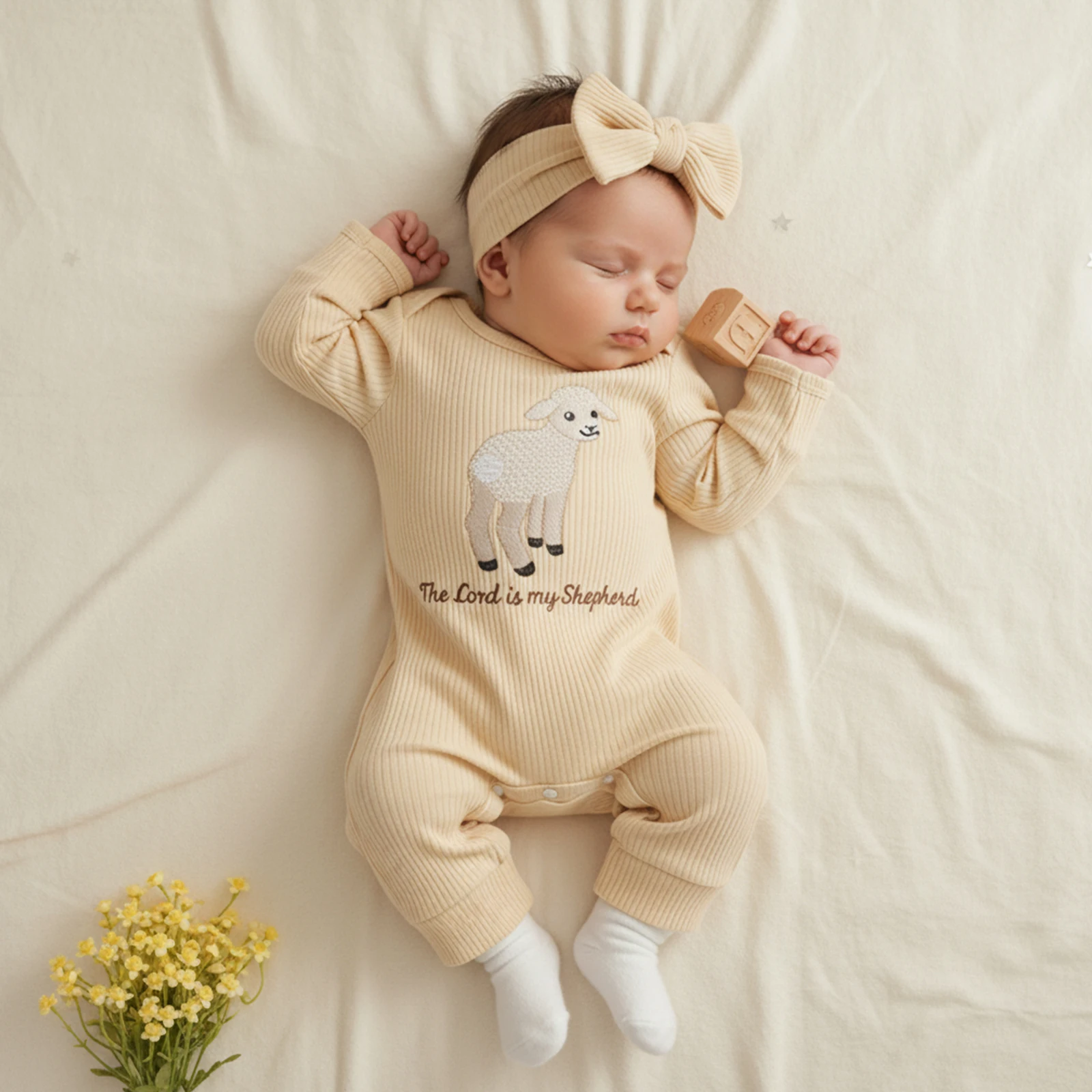 

Baby Boy Girl 2Pcs Spring Fall Romper Outfits Long Sleeve Round Neck Embroidery Ribbed Jumpsuit with Headband Set