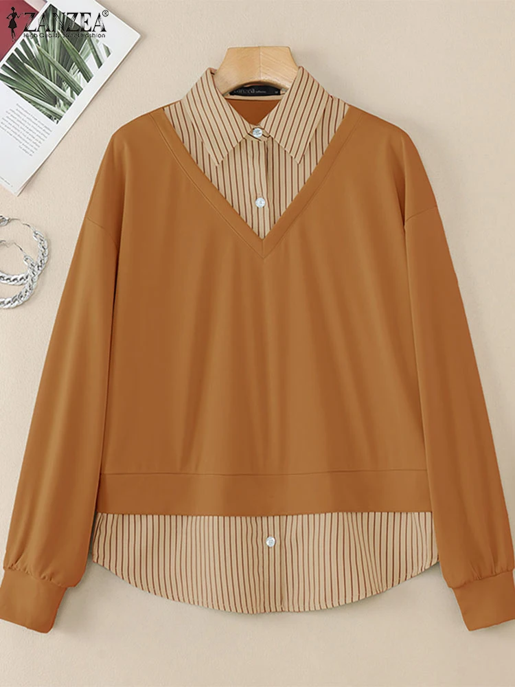 

ZANZEA 2022, осенняя элегантная лоскутная рабочая рубашка с длинными рукавами, весенняя искусственная женская блузка из двух предметов, Blusas, толстовки в полоску, топы