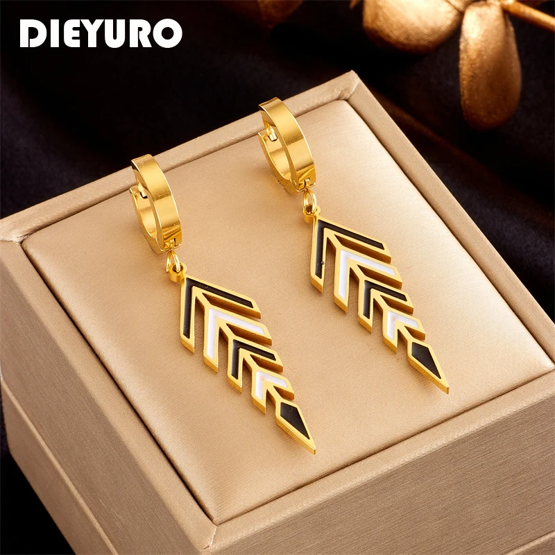 DIEYURO 316L Stainless Steel Arrow Feather Hoop Earrings For Women New Design Girls Ears Jewelry Party Birthday Gifts Серьги