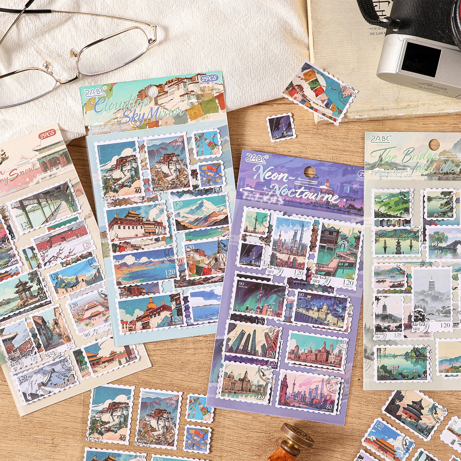 2sheets Ins City Scenery Adhesive Stamp Stickers DIY Handmade Scrapbook Message Envelope Decoration Aesthetic Stickers