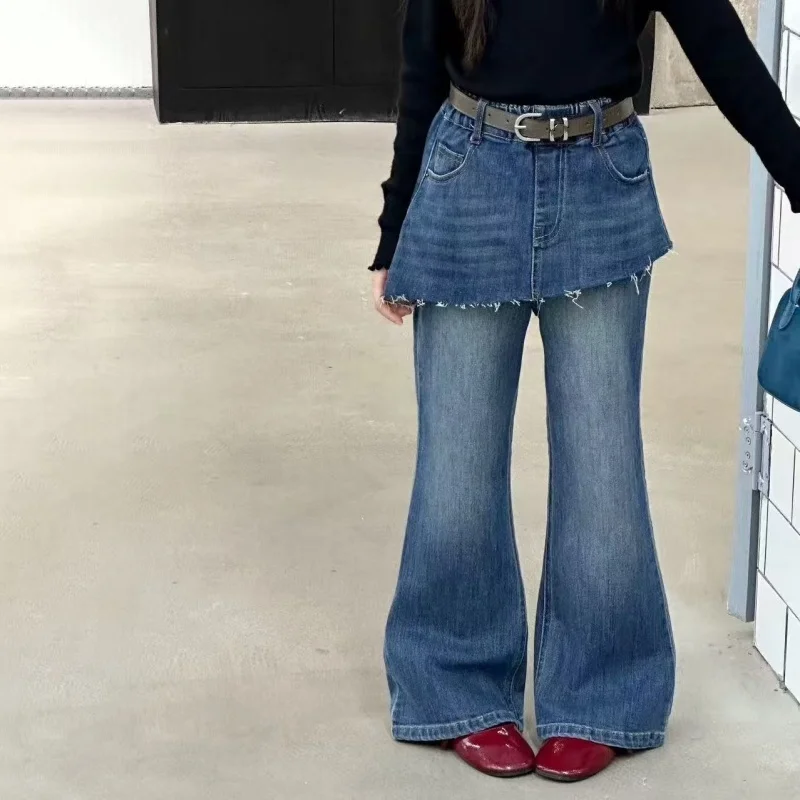 

Girls' Fashion Fake Two piece Cowboy Skirts Spring and Autumn New Collection Children's Korean Versatile Bell bottom Pants