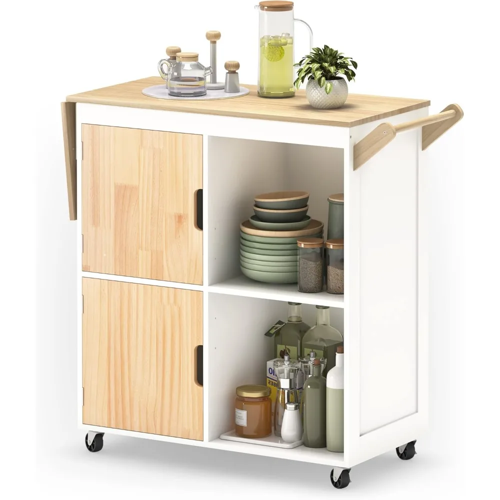 Rolling Kitchen Island, Kitchen Island Storage Cabinets on Wheels with Drop Leaf Countertop, Handle Racks, Caster Liquor Cart S