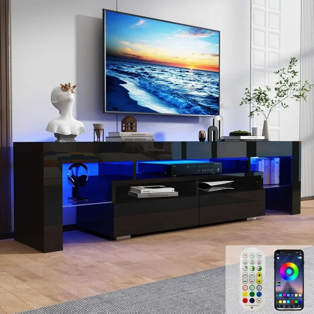 63in TV Stand 65/70 Inch TV,Modern LED TV Stand Living Room,Black Stand,High Gloss Entertainment Center Storage Drawer