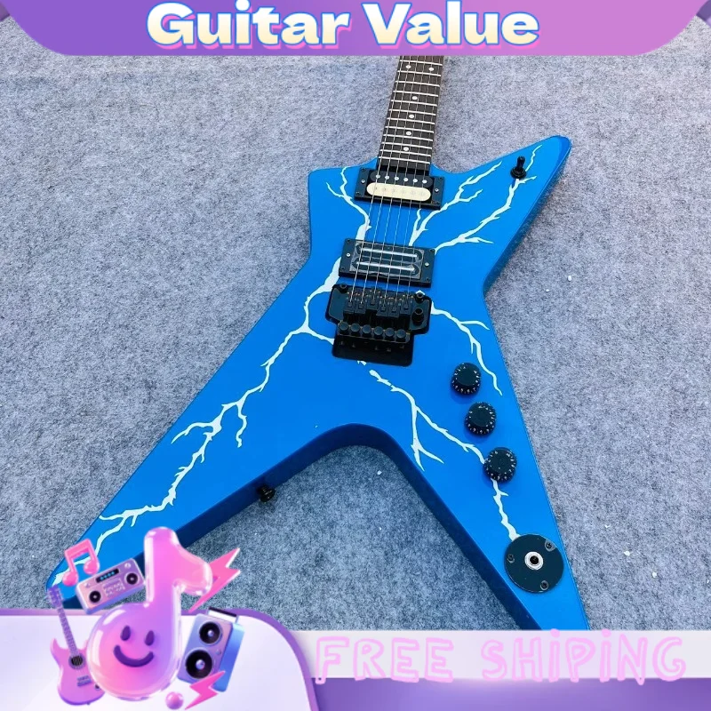 Alien-Shaped Blue Lightning Electric Guitar Dual High Output Pickups Ebony Fingerboard Floating Tremolo Solid Body Guita