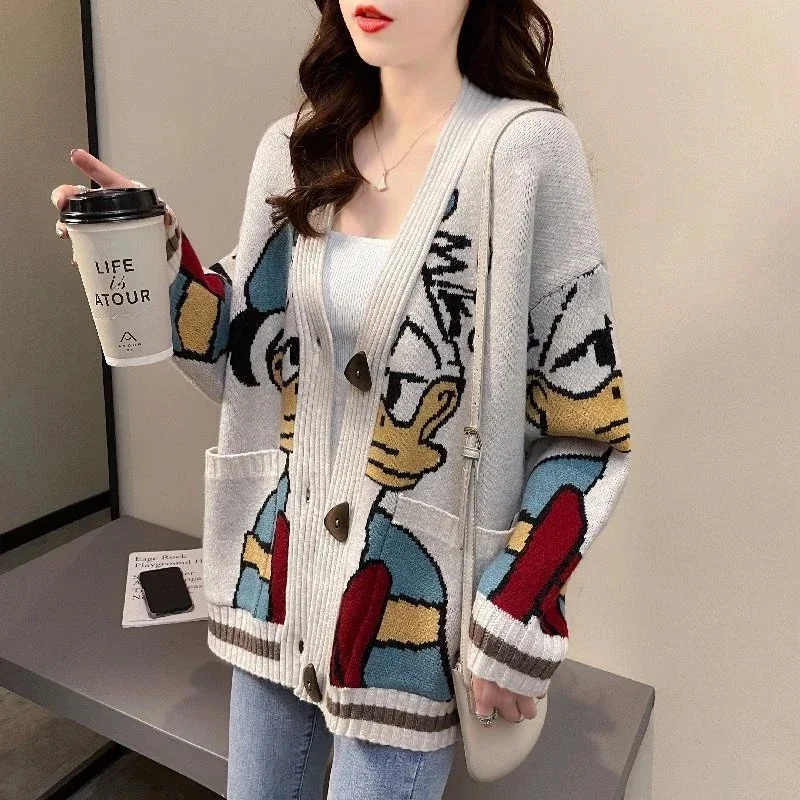 Disney cartoon Donald Duck jacquard knitted cardigan jacket sweater women new spring and autumn Korean version loose lazy style