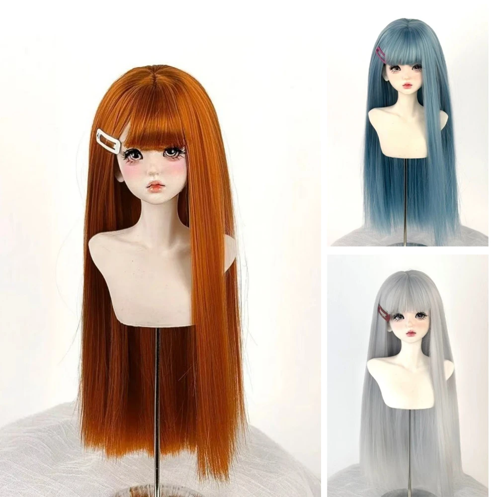Peluca para muñeca BJD, disponible en varios colores, con flequillo liso y cabello largo y recto, ideal para personalizar la muñeca y crear disfraces. Incluye una capa de seda suave para cubrir el cabello.