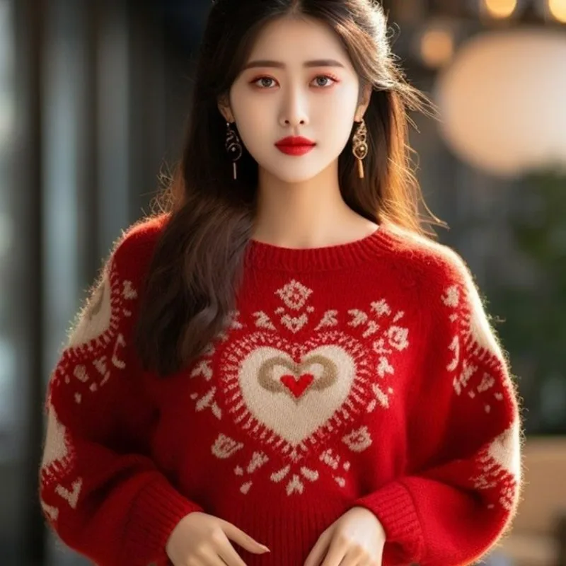 2025年新作クリスマスファッションプルオーバー レディース レッド ラブ 女性用セーター カジュアルニット 小香風トップス
