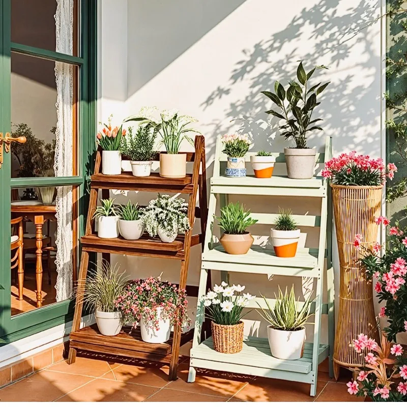 ‌Folding Wooden Balcony Plant Stand, Adjustable Multi-Tier Flower Rack, Space-Saving Garden Storage Shelf, Home Decor Accent