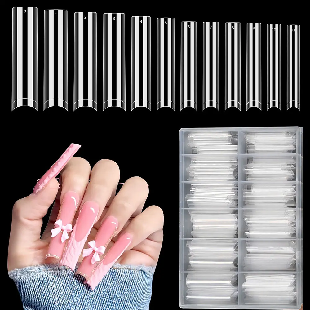 

240pcs 2XL Extra Long Half Cover Clear Square Nail Tips Professional C Curve Acrylic Nails12 Sizes Long Square Fake Nail Tips