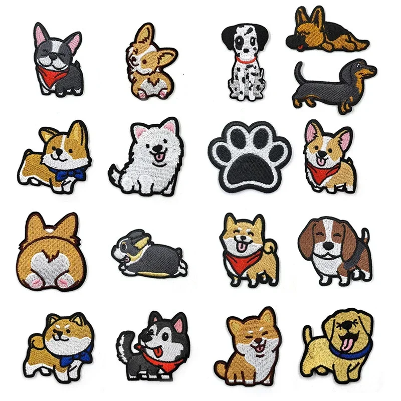 Cute Cartoon Iron on Patch Shiba Inu Corgi Shepherd Dog Embroidery Cloth Stickers Coats Backpack Hat Shoes Decoration Appliques