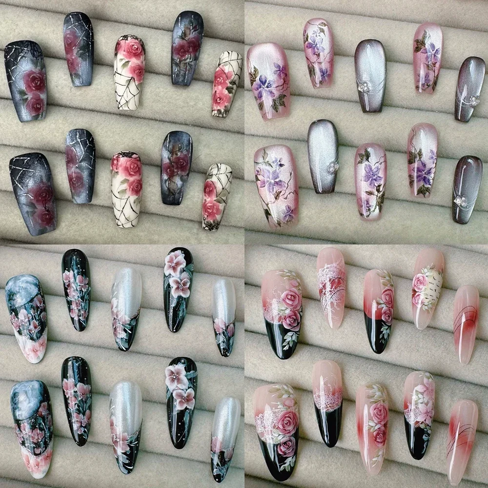 

Classical Romantic Flowers Handmade Long Coffin Ellipse Press On Nails Hand Painted Butterfly Pearl Diamond Wearable Fake Nails